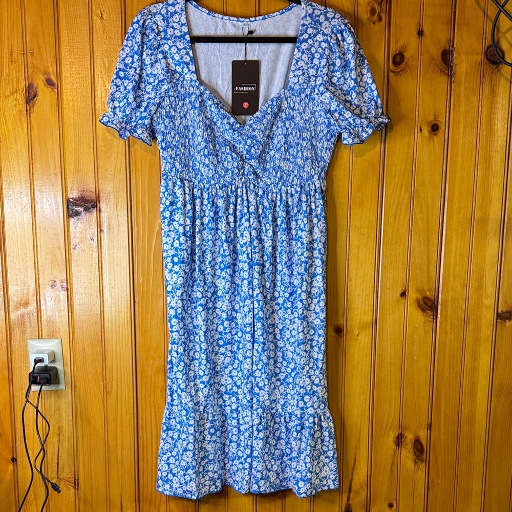 Blue and White Floral Dress with Puff Sleeves
